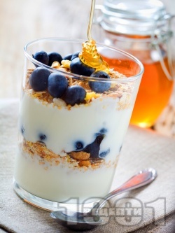 Лесна и полезна закуска с кисело мляко, пресни черни (сини) боровинки, мед и овсени ядки (мюсли) - снимка на рецептата